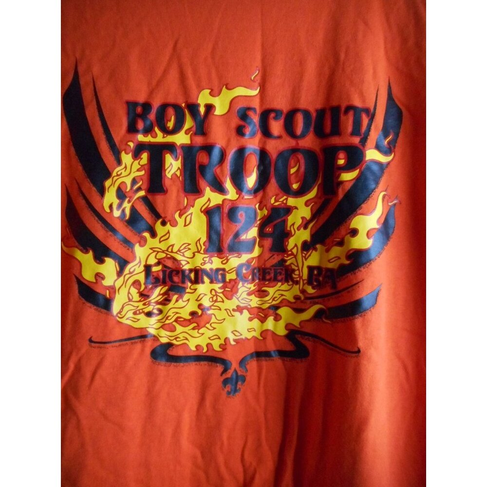 Orange Gildan Dry Blend Graphic T Shirt Sz L Boy Scout Licking Creek PA Flames - Picture 2 of 4